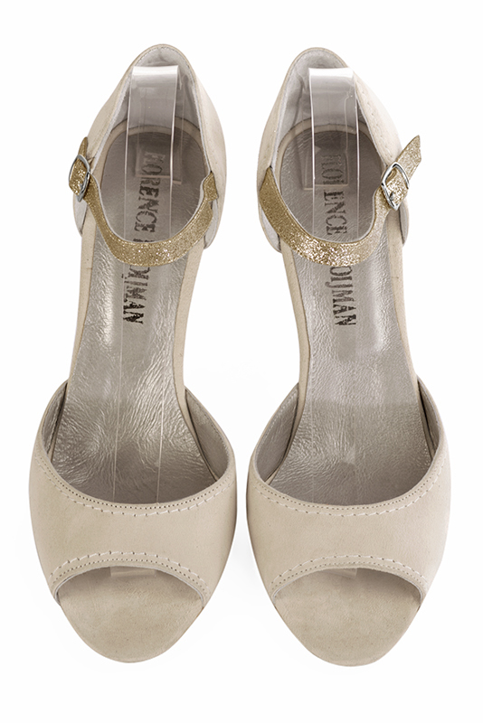 Champagne white and gold women's closed back sandals, with an instep strap. Round toe. High spool heels. Top view - Florence KOOIJMAN